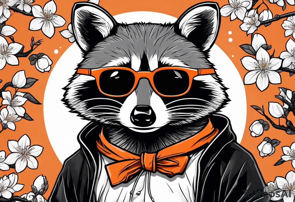 Raccoon wearing a white Superman logo on a black hoodie and orange Japanese cherry blossoms tattoo idea