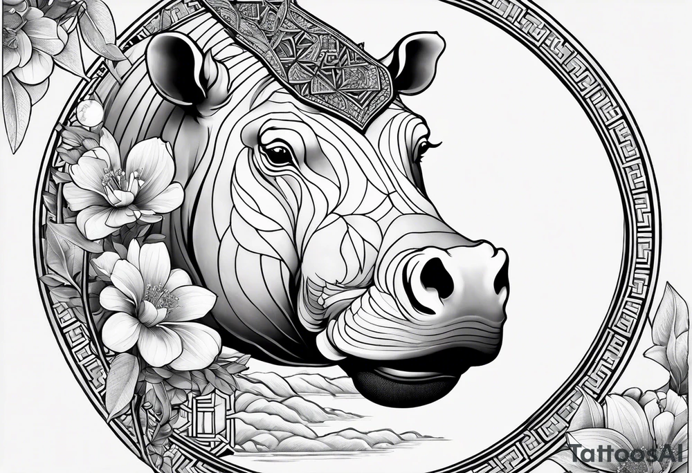 Very asymmetrical, +geometric pattern, with realistic full moon, with seeious looking hippo, +zen feel, + Buddhism touch,
with wintersweet flower bud, +portrait orientation, +inkart touch, tattoo idea