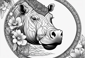 Very asymmetrical, +geometric pattern, with realistic full moon, with seeious looking hippo, +zen feel, + Buddhism touch,
with wintersweet flower bud, +portrait orientation, +inkart touch, tattoo idea