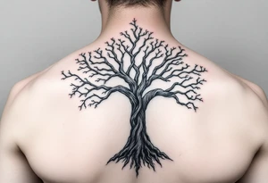 mystical tree of life with cosmic roots and celestial branches tattoo idea
