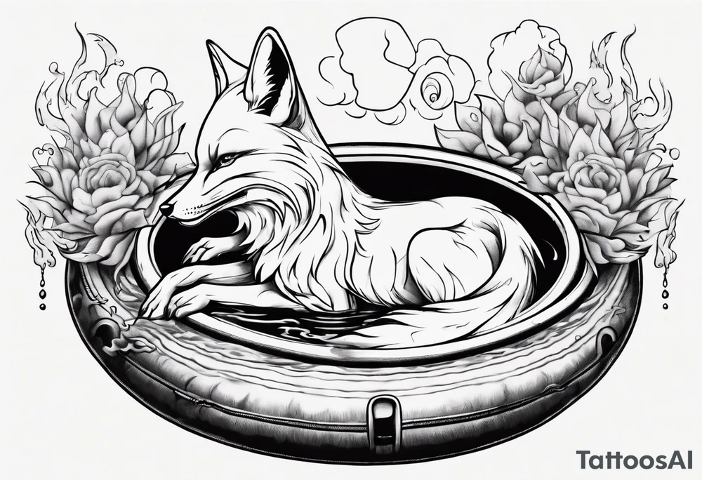 a tatto drawing black and white of a fox floating inside innertube in a pool smoking tattoo idea