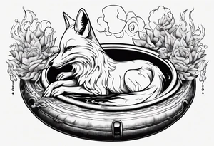 a tatto drawing black and white of a fox floating inside innertube in a pool smoking tattoo idea