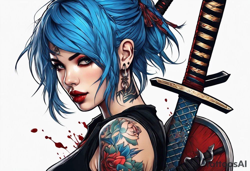 Beautiful Girl with piercings and blue hair with a katana in her hand and blood around it tattoo idea