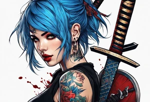 Beautiful Girl with piercings and blue hair with a katana in her hand and blood around it tattoo idea