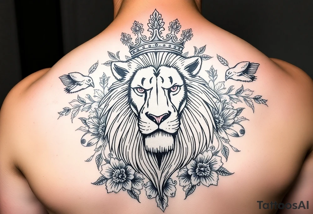 powerful majestic lion with a crown, surrounded by floral ornaments and birds tattoo idea