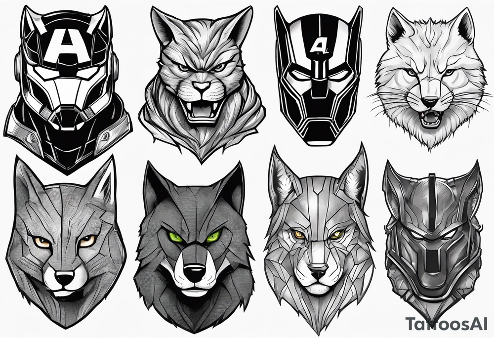 I want to change Avengers Team characters with animals. Hulk will be Badger, Thor will be Alpha Grey Wolf, Captain America will be Bull, Iron Man will be Canary, Black Widow will be Axolotl, Hawk Eye will be Sudan Plated Lizard and Nick Fury will be Cat. tattoo idea