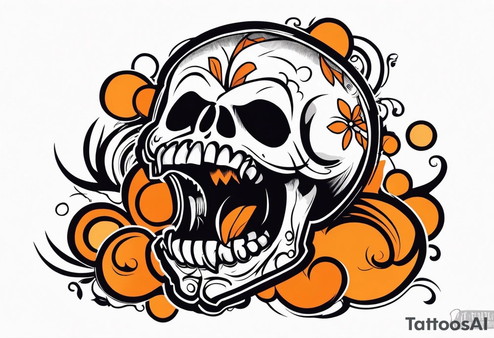 skull laughing black and orange tattoo idea