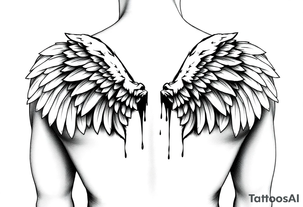 Angel wings folded and tucked against the back spanning from shoulder to butt dripping in blood tattoo idea