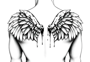 Angel wings folded and tucked against the back spanning from shoulder to butt dripping in blood tattoo idea