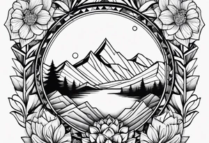 A geometric half sleeve with flowers and a mountain in the geometric pattern tattoo idea