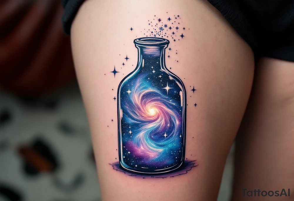 A glass jug filled with a swirling galaxy, with vibrant blues, purples, and silver stardust pouring out like cosmic energy. tattoo idea