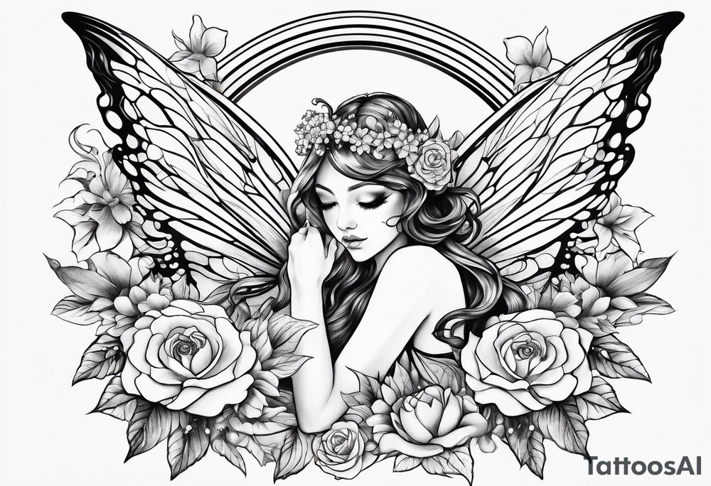 Flying Fairy with flowers, including arms and legs tattoo idea