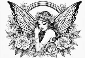 Flying Fairy with flowers, including arms and legs tattoo idea