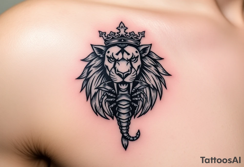 a powerful and majestic lion with a crown and in the middle of this crown , a realistic scorpion, tattoo idea