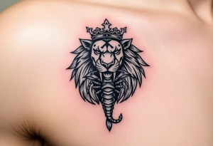 a powerful and majestic lion with a crown and in the middle of this crown , a realistic scorpion, tattoo idea