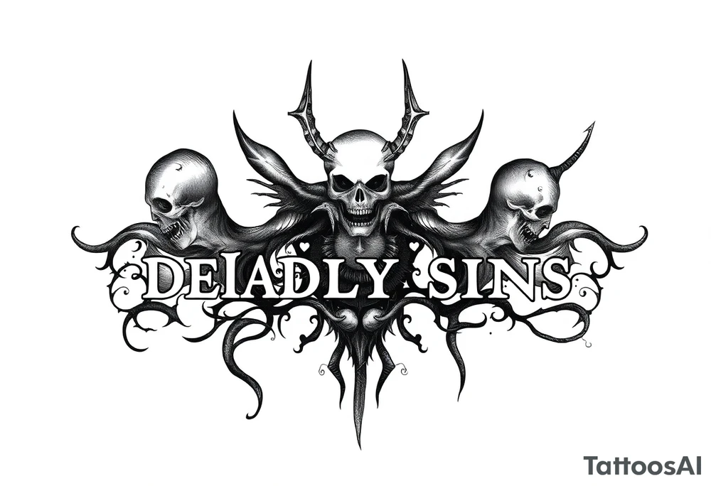 powerful sexy seven deadly sins stencil  with words greed, pride, gluttony, wrath, lust, sloth and envy, with a darkness kind of feeling  and storms tattoo idea