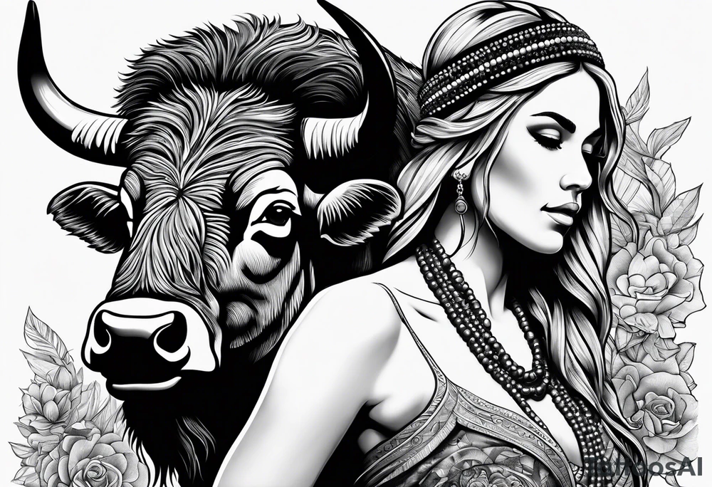 buffalo standing next to a woman with bead headband, show the whole body tattoo idea
