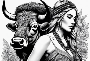 buffalo standing next to a woman with bead headband, show the whole body tattoo idea