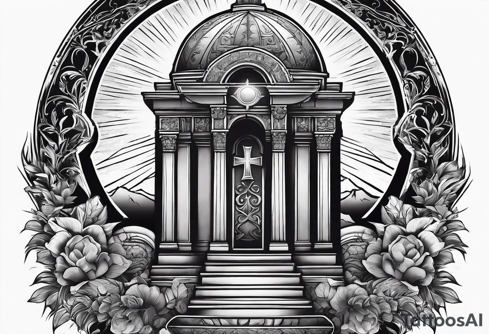 Tomb with cross and sun in the background tattoo idea