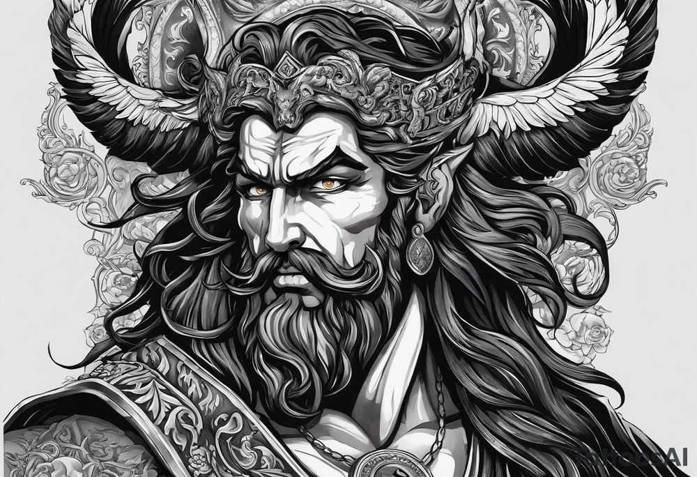 The tattoo features a highly realistic depiction of Hadès, the Greek god of the underworld, holding Cerberus, the three-headed guardian of the underworld, on a chain. Hadès is portrayed with a commanding and imposing presence. His face, marked by stern and intense eyes, exudes authority and control. His dark, flowing hair and beard are rendered with intricate details, adding texture and depth. He is draped in a richly detailed cloak that falls in realistic folds, enhancing his divine and somber demeanor. Cerberus, depicted in a dynamic and fierce pose, is shown with his three heads snarling and baring their fangs. Each head is intricately detailed with lifelike fur, sharp eyes, and menacing expressions. The three heads are chained, with the chains artistically wrapped around Hadès' hand, symbolizing his dominance over the beast. The chains themselves are depicted with realistic textures and shadows, emphasizing their weight and strength. The background remains minimalistic to keep the focus on Hadès and Cerberus. The tattoo uses detailed shading and highlights to bring out the textures of Hadès' cloak, Cerberus' fur, and the chains, capturing the dark and powerful essence of the Greek god and his fearsome guardian. tattoo idea