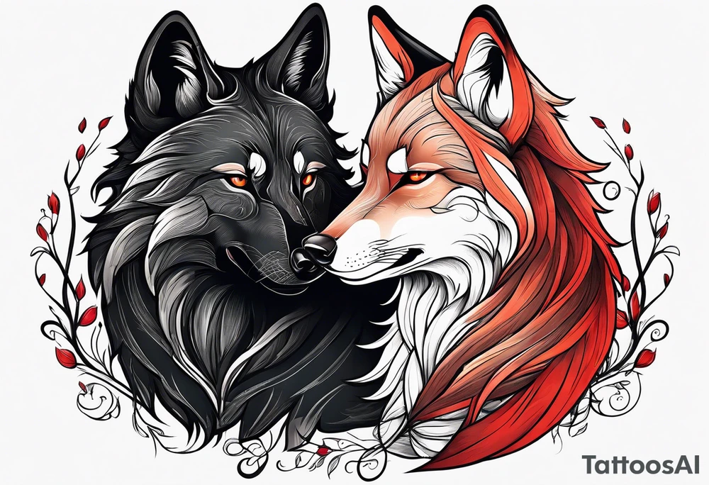 Black wolf and red fox nuzzling tattoo idea