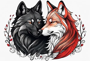 Black wolf and red fox nuzzling tattoo idea
