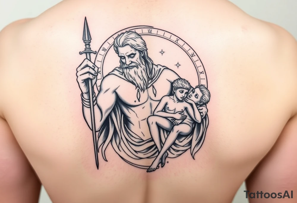 a tattoo design of the Greek God Saturn but older and nearly dying holding his spear, in his other arms cradling a twin dying younger version of himself. The gemini constellation is in the background behind the Saturn Gods. Long vertical form as this will be on a thigh - include the planet Saturn rings going round the design tattoo idea