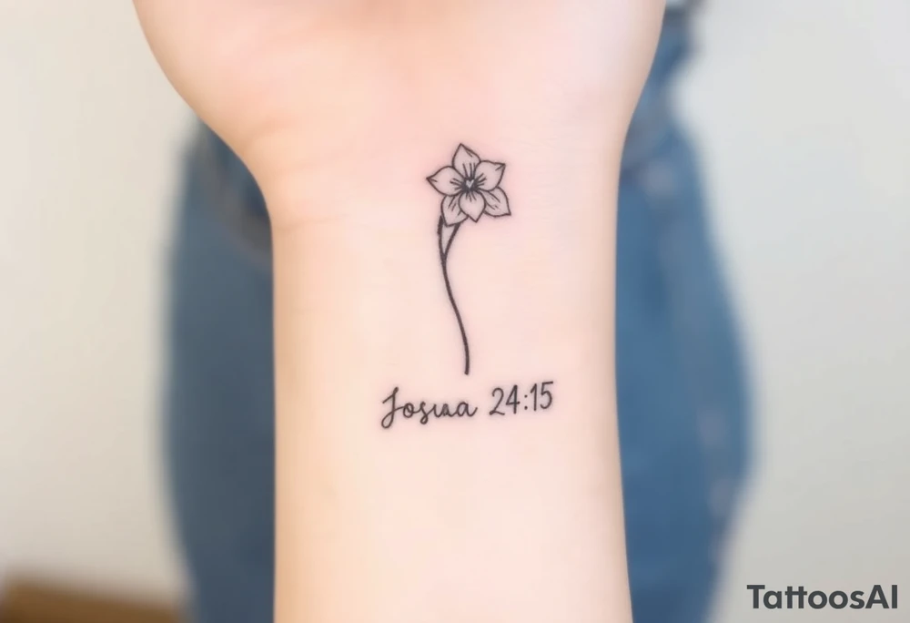 Narcissus flower at the top, drawn in single-needle fine line

“Joshua 24:15” sits underneath in tiny, clean lettering

Vertical flow = elegant, feminine, and perfectly suited to the inner wrist

Overall height: ~5–7 cm (subtle, timeless, not heavy) tattoo idea