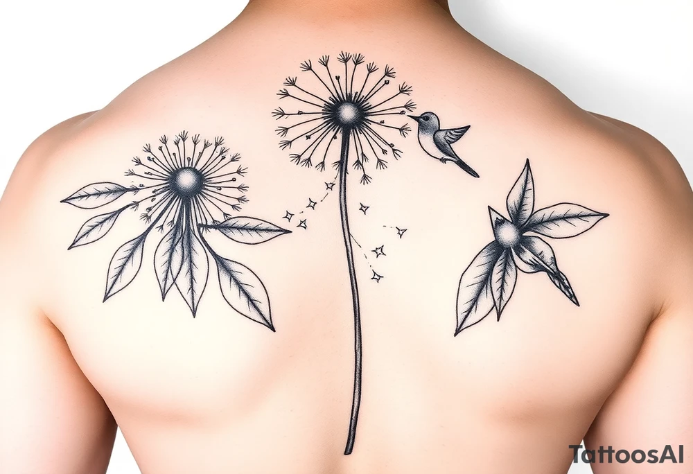 A dandelion with its leaves blowing away and turning into birds that fly up and create a waterfall tattoo idea