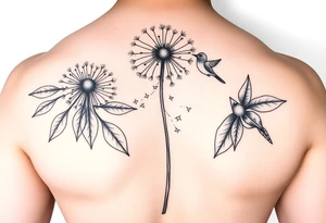 A dandelion with its leaves blowing away and turning into birds that fly up and create a waterfall tattoo idea