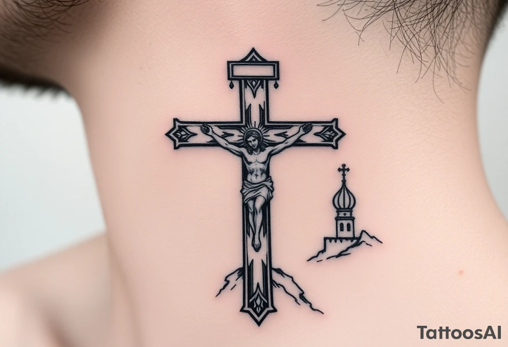 Traditional orthodox ICXC Christian cross with the small horizontal bar at the top with a plaque titulus, the central longest horizontal bar with Jesus Christ on the cross also with the slanted part of the cross where christs feet were nailed in a Russian wilderness Kremlin setting tattoo idea
