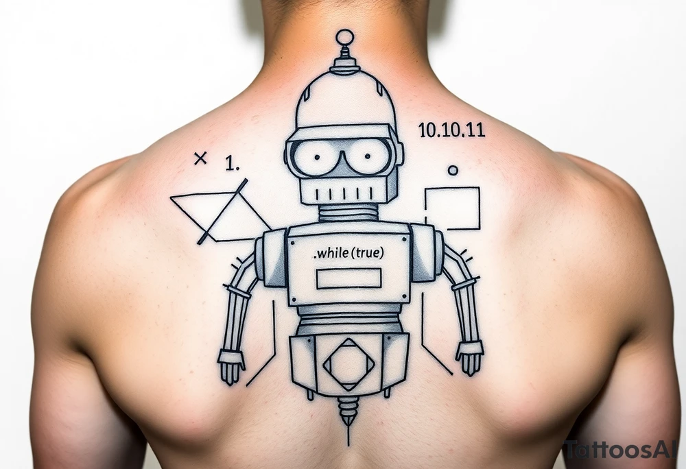 Geometric tattoo design of a robot inspired by Bender from Futurama, made of abstract shapes, triangles, circles and lines. The robot is integrated with subtle programming elements like code brackets, binary digits (0 and 1), or a minimal 'while (true) {}' loop within the structure. No shading, only clean black lines. Designed for shoulder placement, with a modern, tech-inspired look. tattoo idea