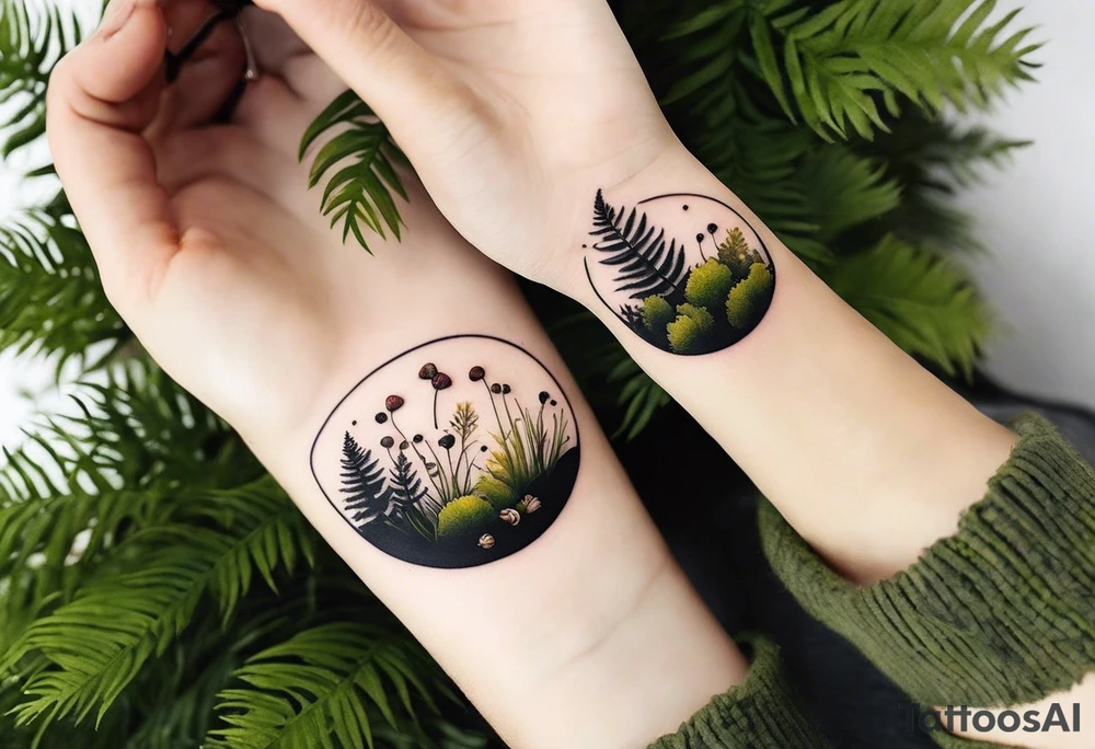 minimalistic forest floor inspired tattoo, which includes grass, moss, curly ferns and dead leaves as the bulk of the tattoo. details to include: forest berries, couple of very small brown mushrooms, a tiny bumblebee flying nearby tattoo idea
