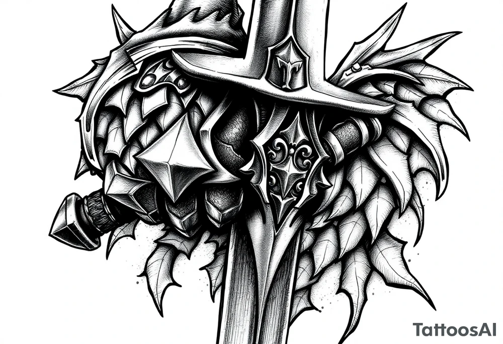 Close-up of knight's gauntlet holding sword, dragon scales visible in background. tattoo idea