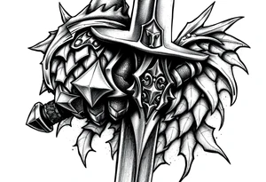 Close-up of knight's gauntlet holding sword, dragon scales visible in background. tattoo idea