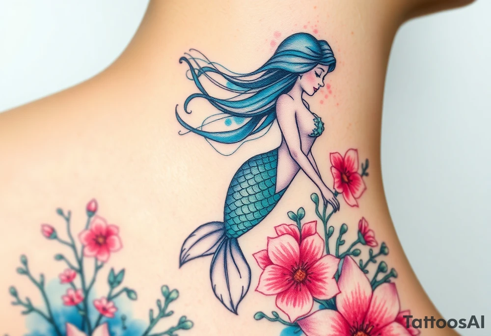 ethereal mermaid with flowing hair among coral and sea flowers tattoo idea