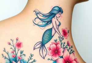 ethereal mermaid with flowing hair among coral and sea flowers tattoo idea