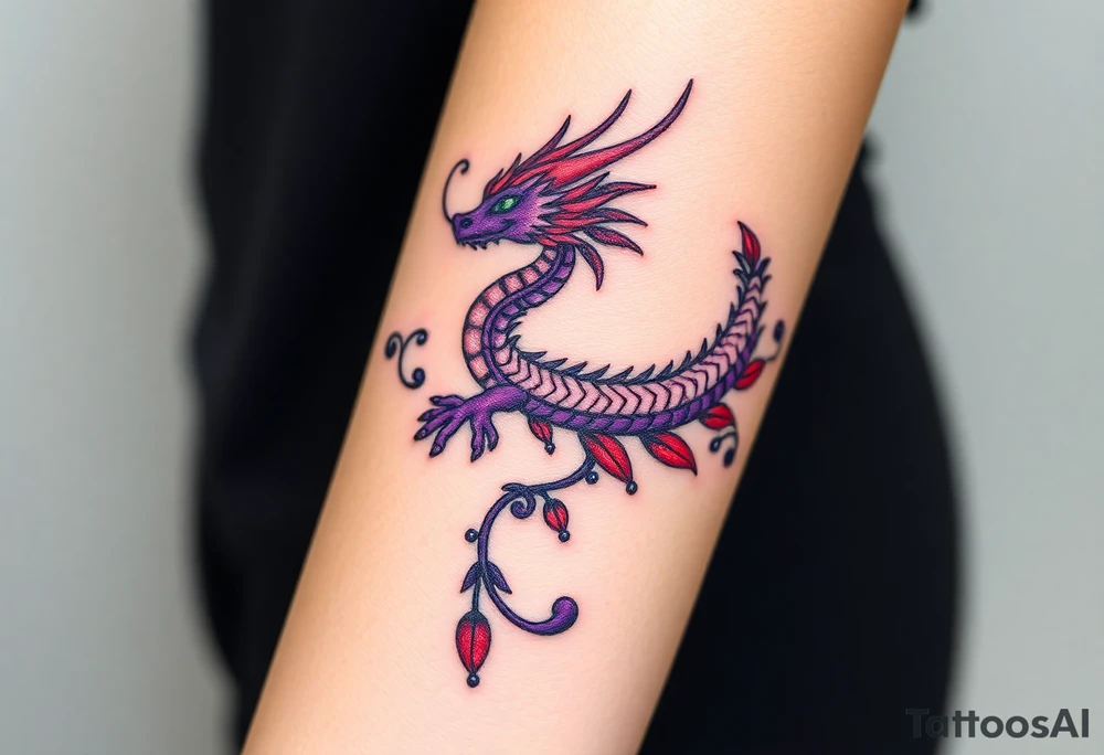 A bracelet wrapped around the arm dragon with purple and red tones, feathers and vines
Include bead WORK and lines tattoo idea