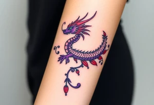 A bracelet wrapped around the arm dragon with purple and red tones, feathers and vines
Include bead WORK and lines tattoo idea