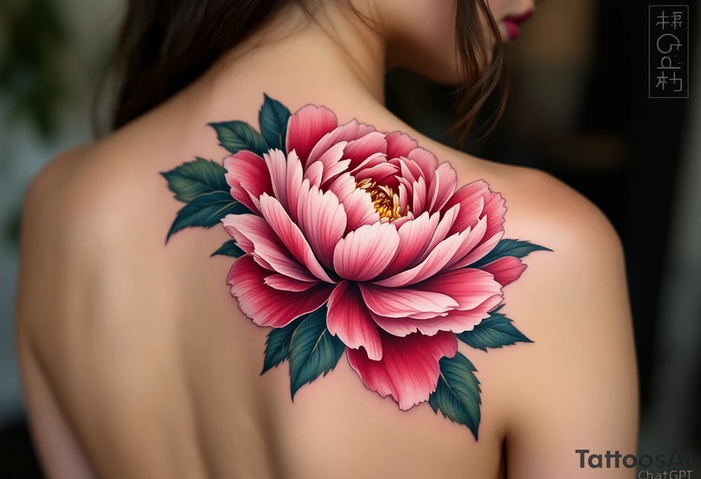 ChatGPT řekl:
A vibrant peony tattoo featuring lush, layered petals in deep crimson and soft blush pink, with dark green leaves edged in black for bold contrast and subtle white highlights to add depth and realism. tattoo idea