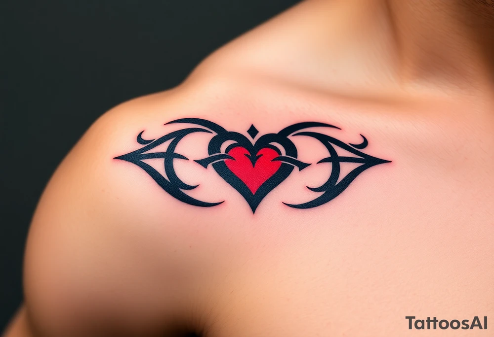 A bold tribal-style infinity symbol with sharp geometric patterns and heart, in black ink with subtle red accents tattoo idea