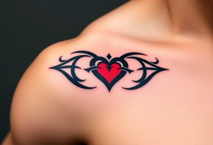 A bold tribal-style infinity symbol with sharp geometric patterns and heart, in black ink with subtle red accents tattoo idea