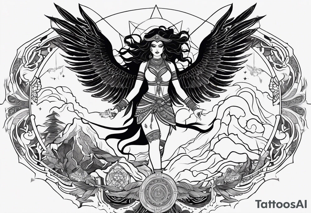 black kali, goddess pirate, alien, angel, pachamama, valkrye, warrior, flying, skull, lotus azul, wing, eagle, zenza resonance, stars, 5D, anahata chakra, death, durga, riding on a tiger, flying lady tattoo idea