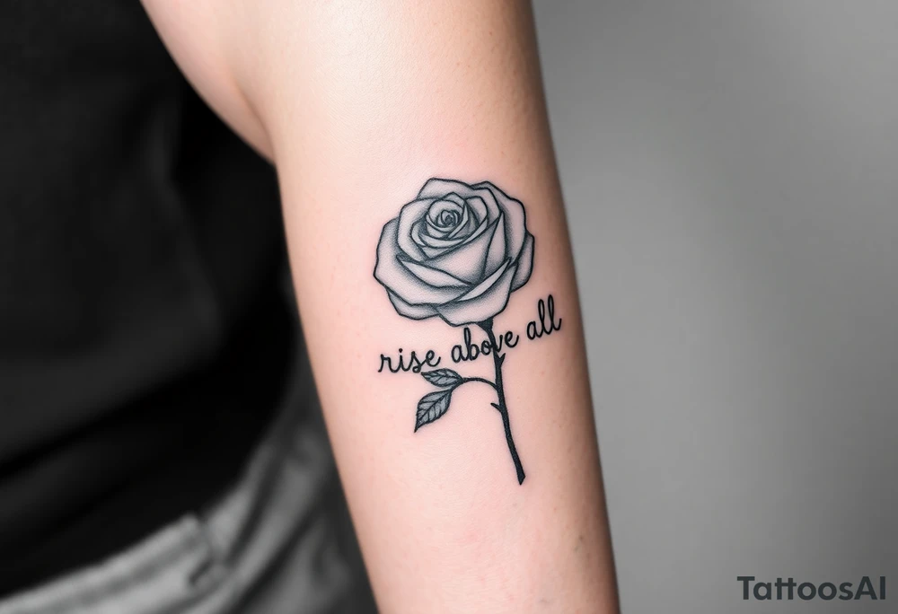 rose tattoo with thorns saying rise above all tattoo idea