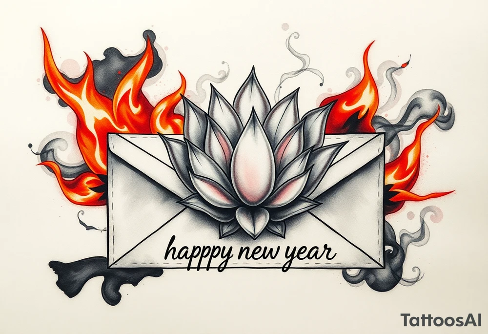 burning envelope with flames, charred paper texture, partially burnt edges, smoke and sparks   lotus flower surrounding envelope, watercolor lotus with gradient petals, traditional ink style lotus   handwritten text "hamburger, happy newyear", vintage cursive font on burnt paper, faded ink effect   neo-traditional tattoo, ink wash lotus, blackwork shading  destruction and rebirth symbolism, lotus emerging from ashes, dynamic fire flow around envelope

contrast between chaos (fire) and serenity (lotus), hidden burger icon in smoke tattoo idea