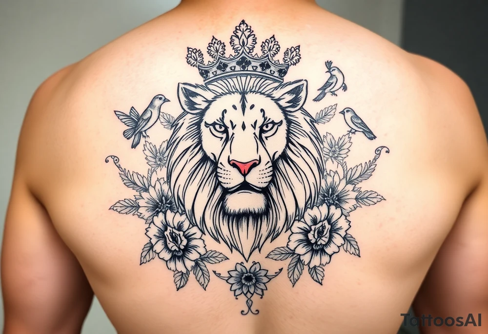 powerful majestic lion with a crown, surrounded by floral ornaments and birds tattoo idea