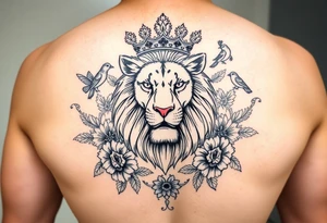 powerful majestic lion with a crown, surrounded by floral ornaments and birds tattoo idea