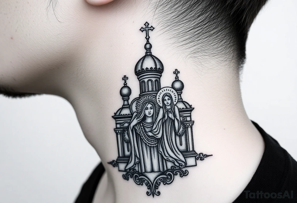 medium traditional russian orthodox church with russian coat arms and virgin mary on the side of your neck tattoo idea
