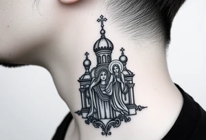 medium traditional russian orthodox church with russian coat arms and virgin mary on the side of your neck tattoo idea