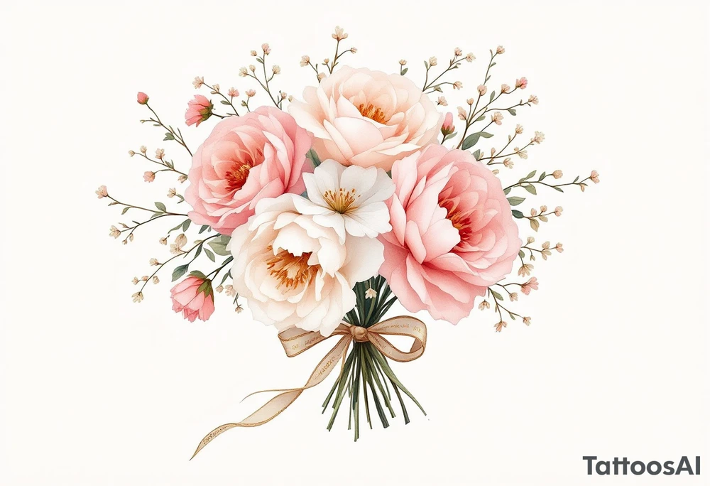 A delicate, hand-tied bouquet of roses, peonies, and baby’s breath, with soft pink, ivory, and pastel peach petals. The stems are wrapped in a silk ribbon with golden embroidery, flowing gently in the wind. Subtle watercolor shading creates a dreamy, romantic feel. tattoo idea